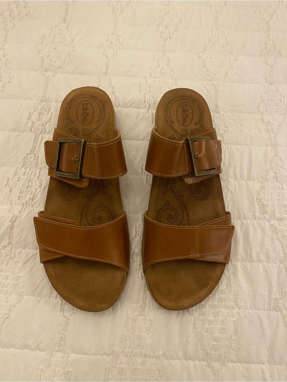 Taos Footwear Cognac Leather Slide Sandals with Adjustable Velcro Straps
